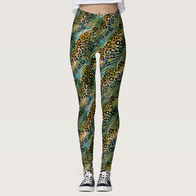 Legging Folhas de palma num fundo-leopardo. (Frente)