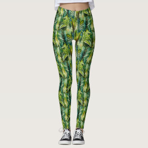 Legging Folhas de Palma Tropicais de Cor de Água Verde e T