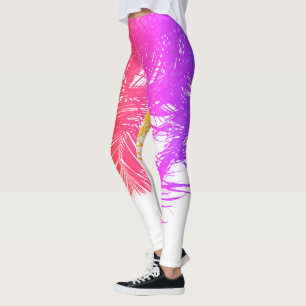 Legging Folhas de palmeira roxas cor-de-rosa brancas