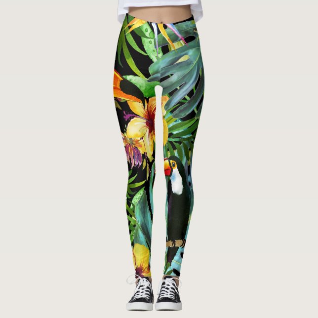 Legging Folhas de palmeira tropicais Toucan floral das (Frente)