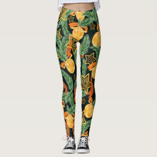 Legging Folhas de pinheiro, estrelas: padrão festivo