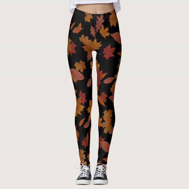 Legging Folhas de queda do outono no preto feito sob (Frente)