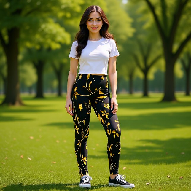 Legging Folhas Douradas com fundo preto (Criador carregado)