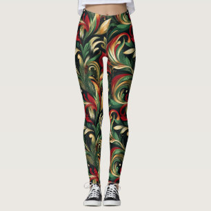 Legging Folhas Elegante Vermelhas, Verdes e Douradas de Fo