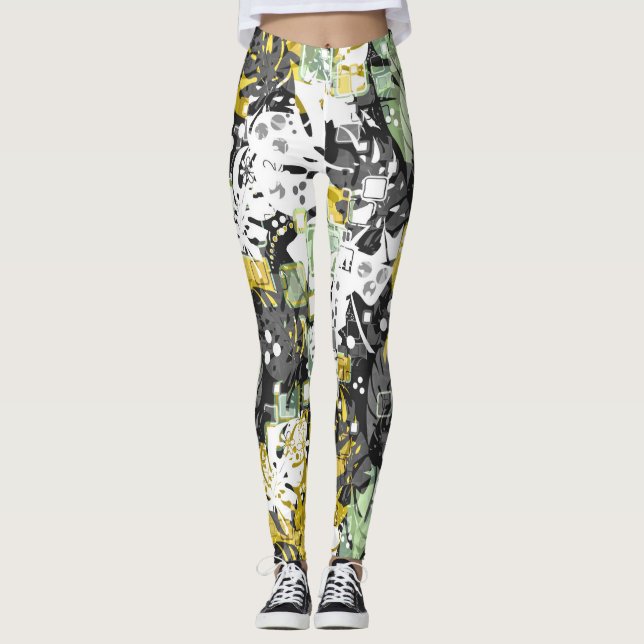 Legging Folhas exóticas da selva tropical sem costura abst (Frente)