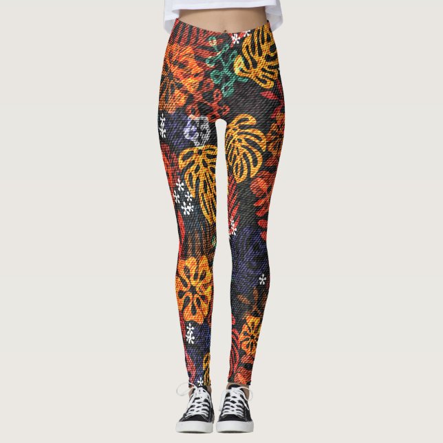 Legging Folhas exóticas em denim, impressão sem costura. (Frente)