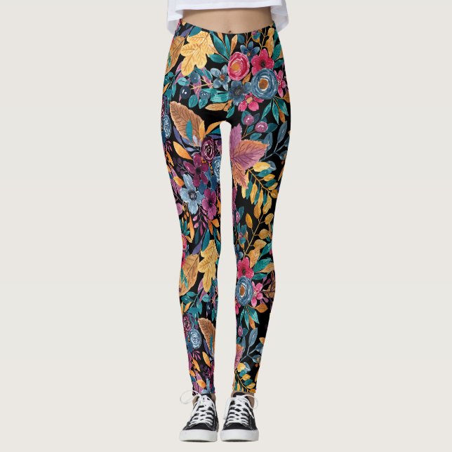 Legging Folhas Florais Mistas Folhosas Berry Padrão de Aqu (Frente)