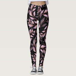 Legging Folhas Rosa Pastel em Preto 