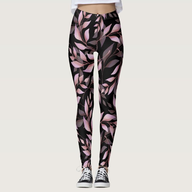 Legging Folhas Rosa Pastel em Preto  (Frente)