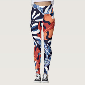 Legging Folhas tropicais coloridas com fundo azul