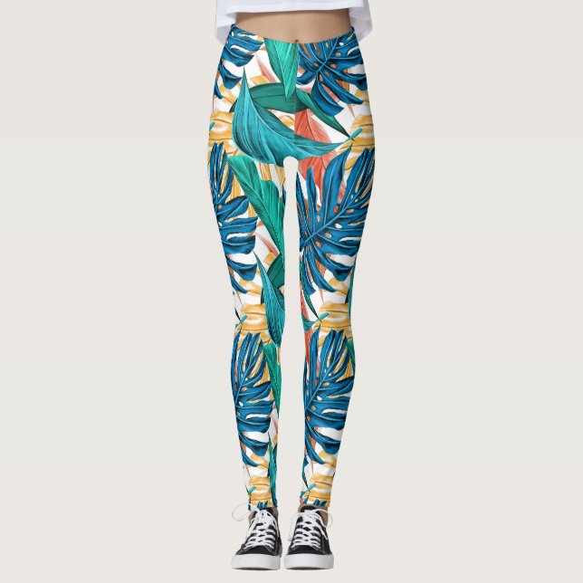 Legging Folhas tropicais coloridas, design de padrão exóti (Frente)