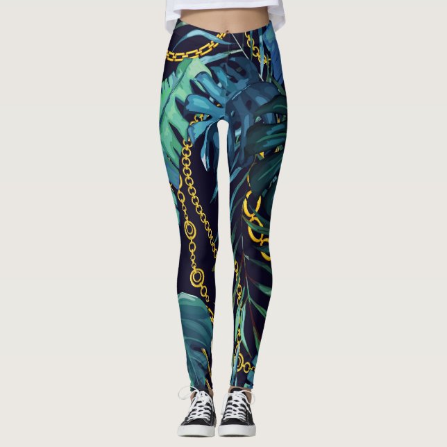 Legging Folhas tropicais, correntes douradas, sem costura. (Frente)