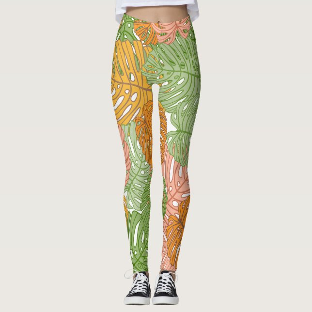 Legging Folhas tropicais de monstera, coloridas e sem cost (Frente)