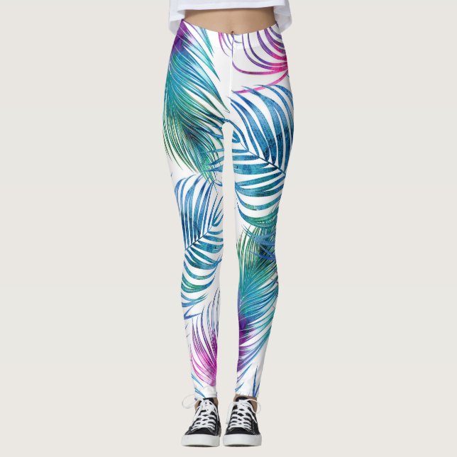 Legging Folhas tropicais de palma, padrão floral de aquare (Frente)