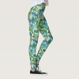 Legging Folhas Tropicais de Palma Verde e Teal Banana Mons