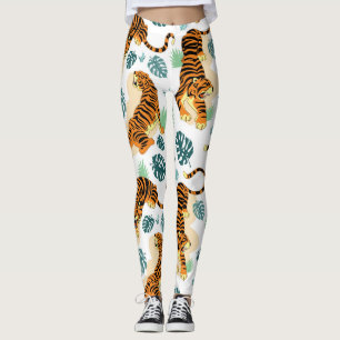 Legging Folhas Tropicais de Tigres: Ilustração Vintage.