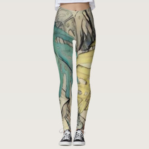 Legging Folhas tropicais grandes coloridas pintura aquosa