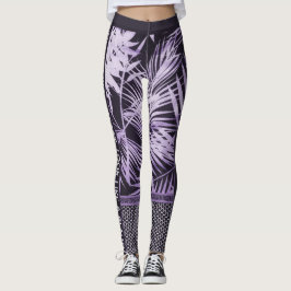 Legging Folhas tropicais roxas, brilho e na moda de aspas