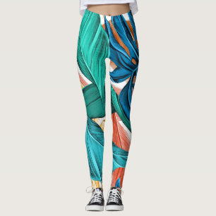 Legging Folhas tropicais verdes e azuis