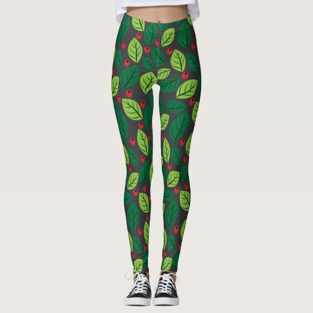 Legging Folhas Verdes, Berries Vermelhos, Padrão De Folhas (Frente)
