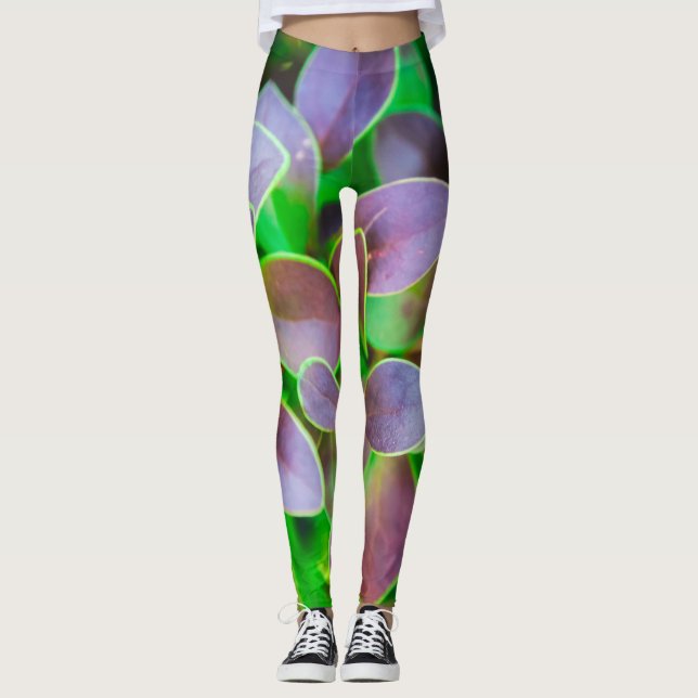 Legging Folhas verdes e roxas vibrantes (Frente)