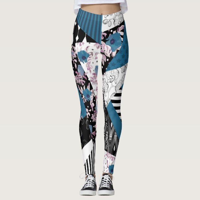 Legging Folheto azul, popular, retalhos, folclore, rústico (Frente)