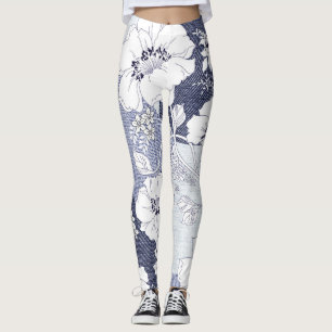Legging Folheto de flores de Denim, padrão perfeito.