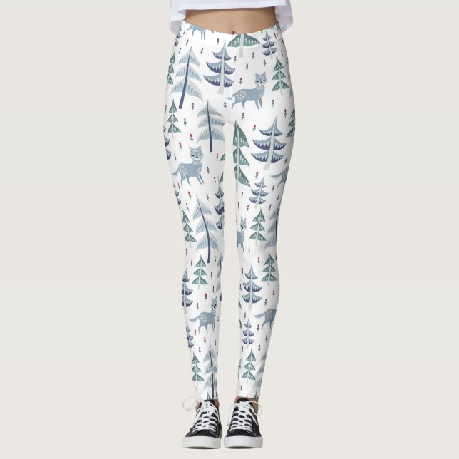 Legging Folk Art Winter Fox and Trees (Frente)