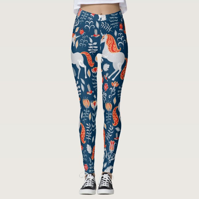 Legging Folk Fantasy: Unicórnios, Coelhos, Pássaros (Frente)