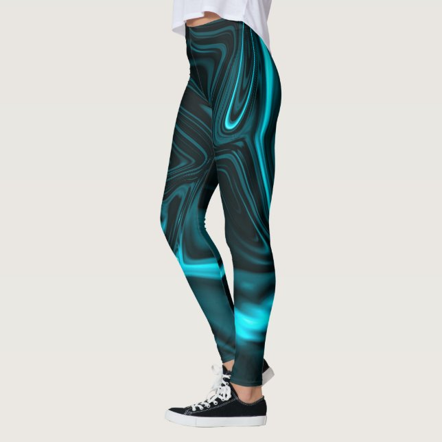 Legging Formas, "traços de cor ciano curvos" em fundo pret (Esquerda)