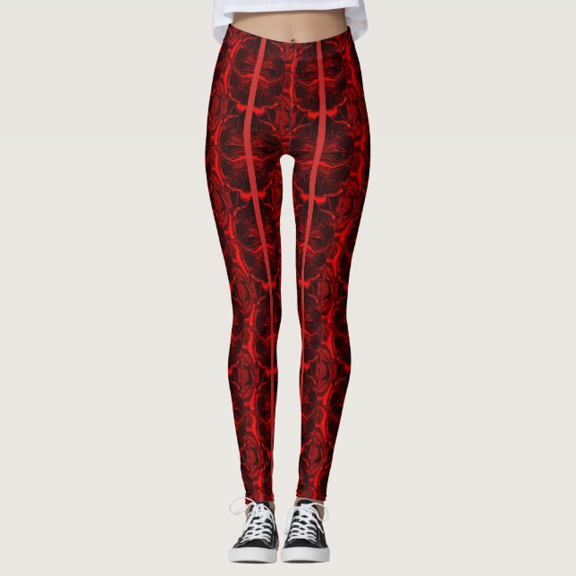 Legging Formas, "traços vermelhos flutuam" em fundo escuro (Frente)