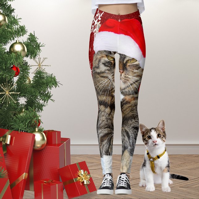 Legging Foto de gato natalino no floco de neve de Santa Ha (Christmas Cat Photo in Santa Hat Snowflake in Red Leggings)