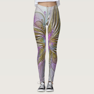 Legging Fractal Abstrato Colorida Floral, Rosa E Dourada