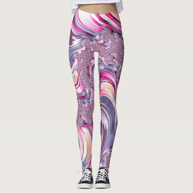 Legging Fractal espiral roxa-abstrato cor-de-rosa (Frente)