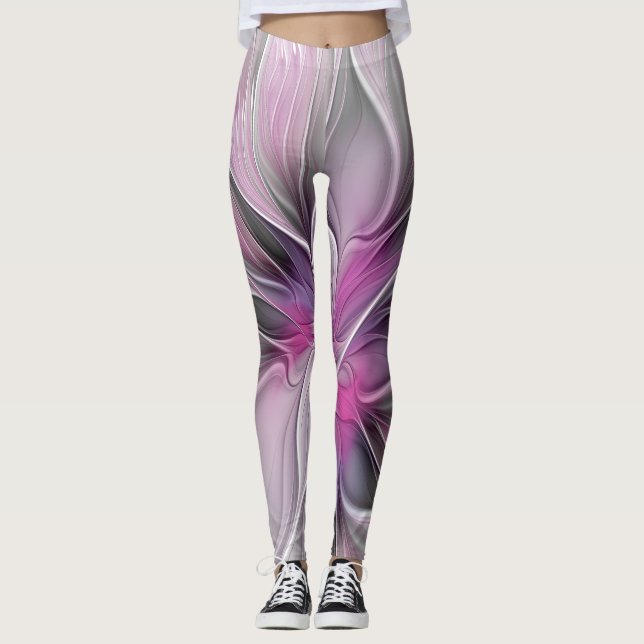 Legging Fractal Fractal Moderna Abstrato com Cinza Rosa Fl (Frente)