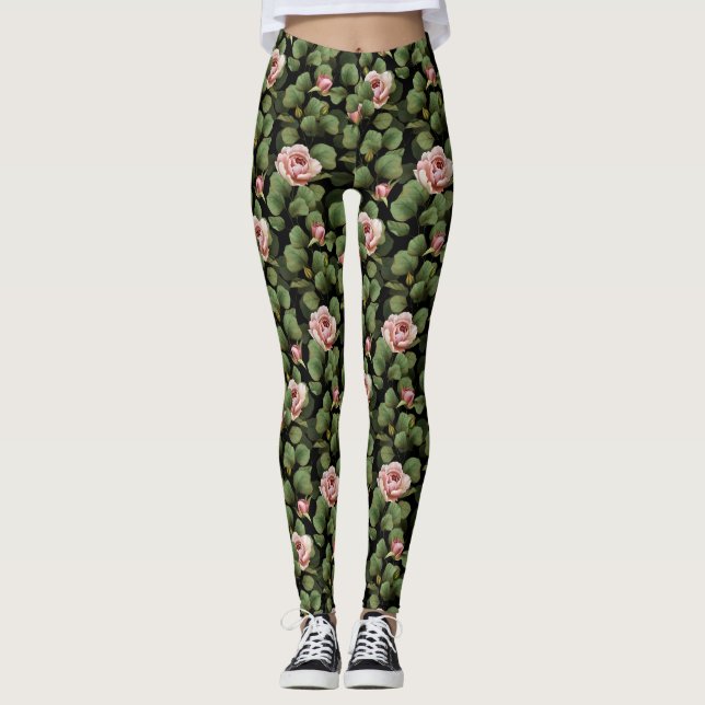 Legging Frágeis rosas. Padrão floral a preto (Frente)