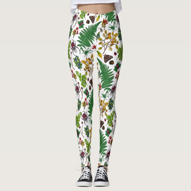 Legging Framboesas, folhas e insetos em branco (Frente)