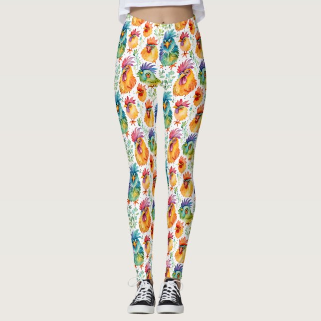 Legging Frangos de Estilo de Aquarela Branca Engraçados (Frente)
