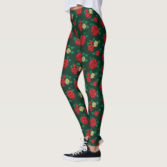 Legging Frida Kahlo | vermelho e teste padrão cor-de-rosa (Esquerda)