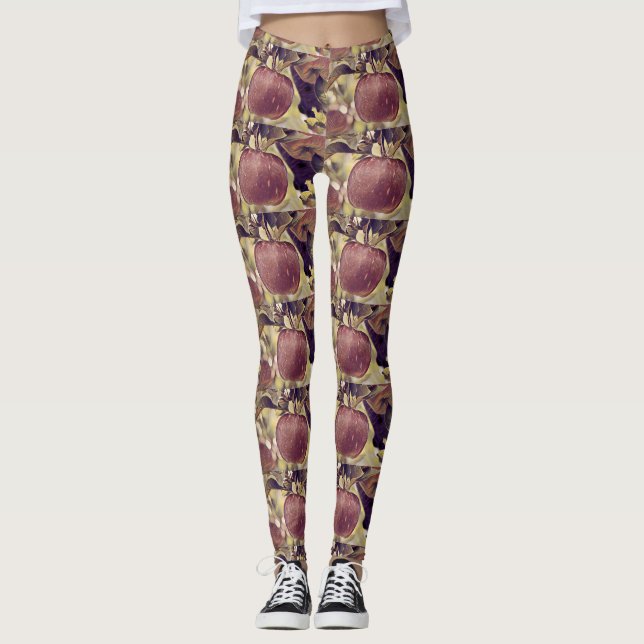 Legging Fruta de maçã vermelha e folhas de aquarela (Frente)