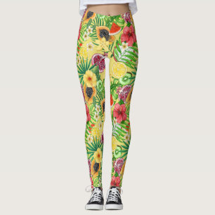Legging Frutas tropicais, flores e folhas em amarelo