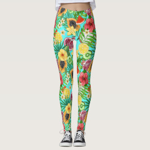 Legging Frutas tropicais, flores e folhas em azul