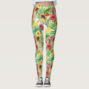 Legging Frutas tropicais, flores e folhas em branco