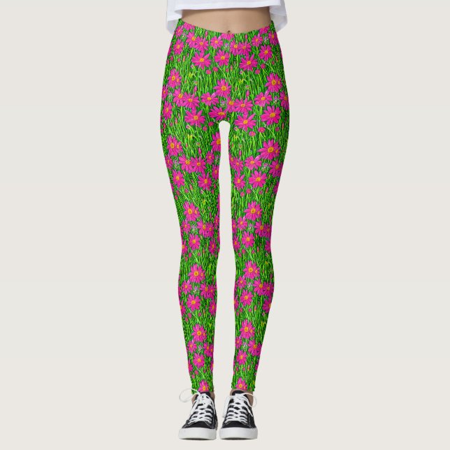 Legging Fuchsia Rosa Flores Selvagens em Campo (Frente)