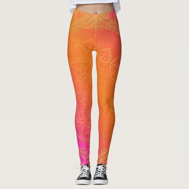 Legging Fúcsia Rosa Laranja e Dourado Glam Mandala Indiano (Frente)
