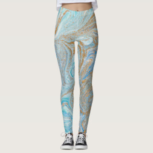 Legging Fundo acrílico mármico, azul com brilho do ouro