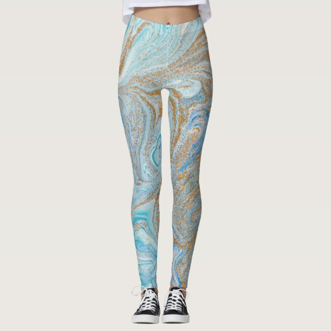 Legging Fundo acrílico mármico, azul com brilho do ouro (Frente)
