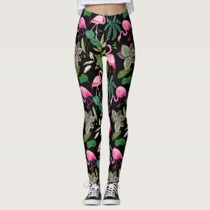 Legging Fundo Botânico Tropical Preto, Flamingo, Rosa