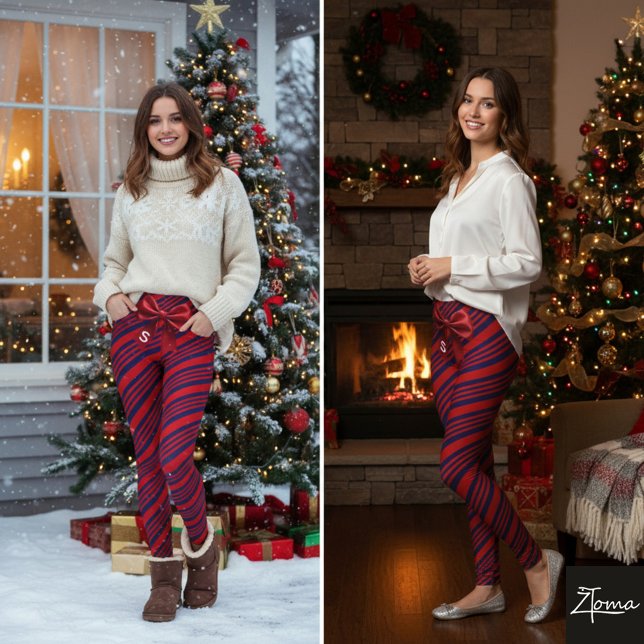 Legging Fundo de Fita com Listras Diagonais Vermelhas e Az (Criador carregado)