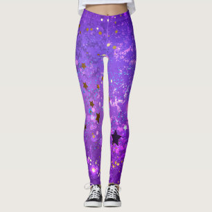 Legging Fundo de folhas roxas com estrelas
